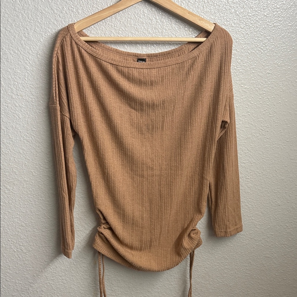 SHEIN Tan Ribbed Long Sleeve Blouse
